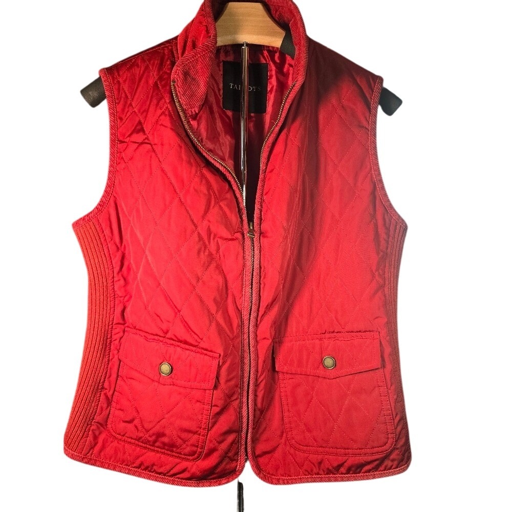 Talbots Red Quilted Vest Womens Medium Mock Neck Full Zip Ribbed Sides Pockets